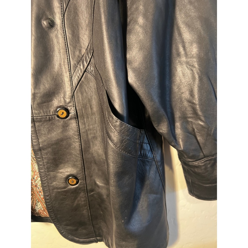 Vintage Gerome Barcelona Black Lambskin Leather Paisley Lined Jacket 80s Chevron - Picture 9 of 14